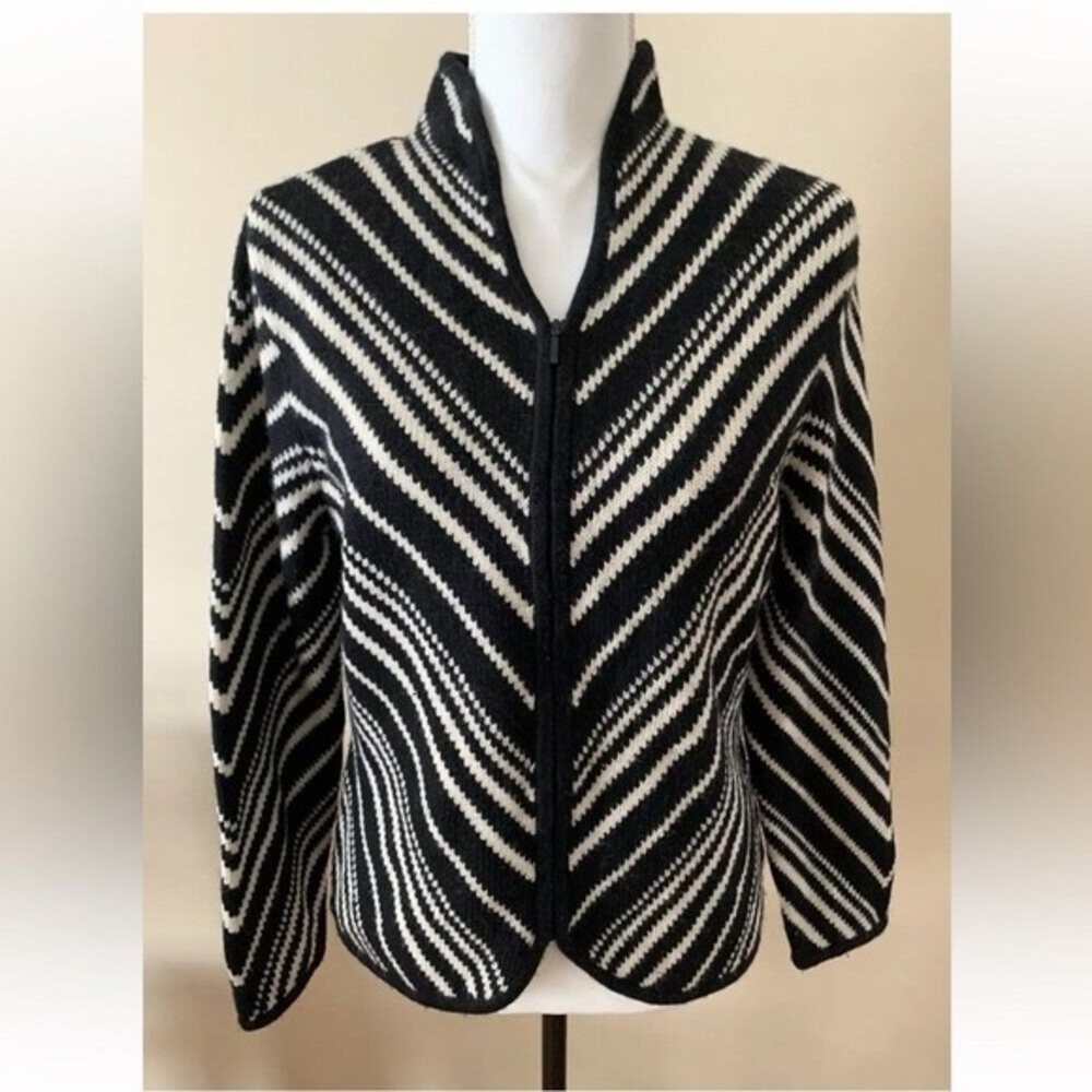 TALBOTS M Black & White Stripe 100% Wool V Neck Full Zip Cardigan Sweater EUC